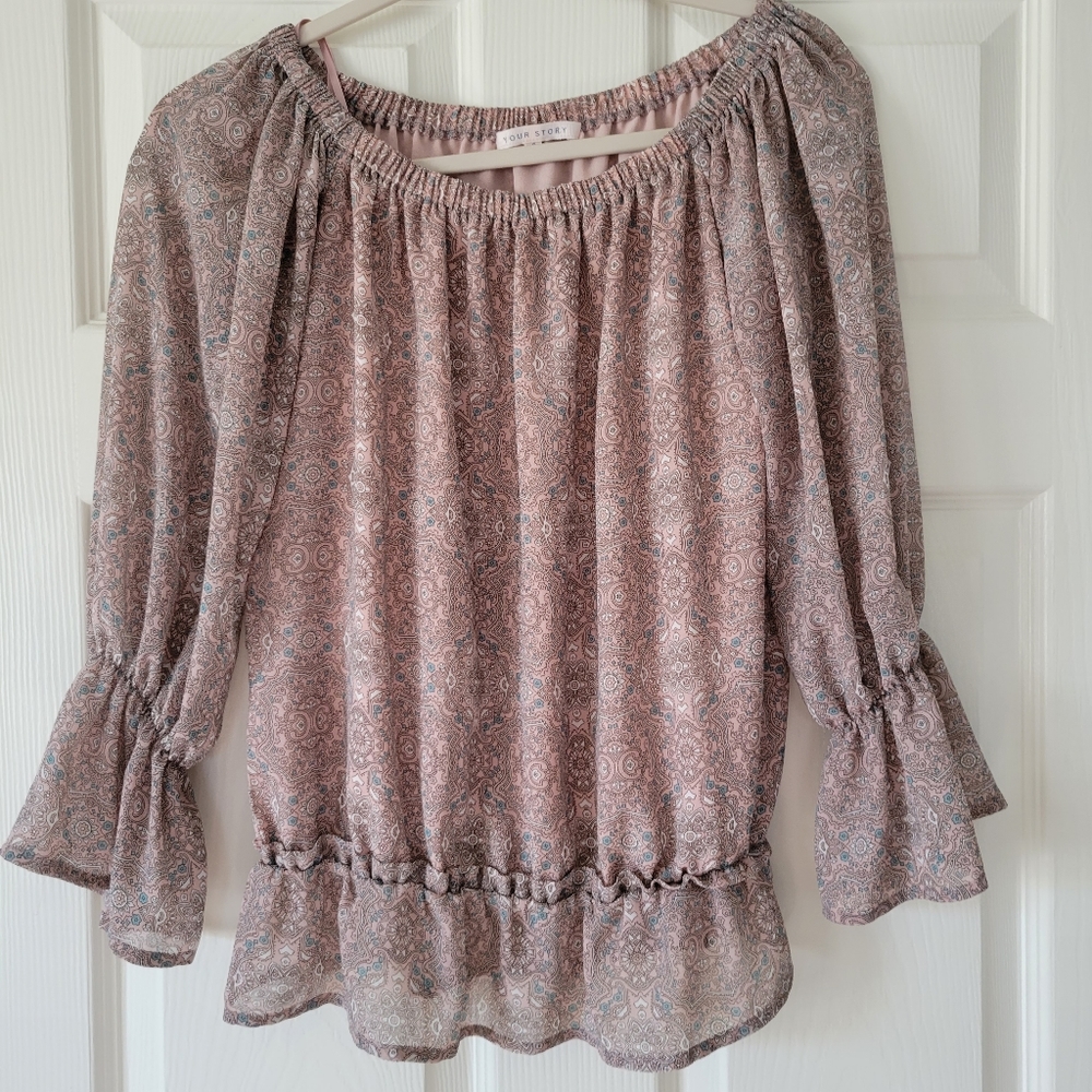 Your Story Womens Boho Elastic around Neck- Bottom Long Semi Sheer Bell Sleeve